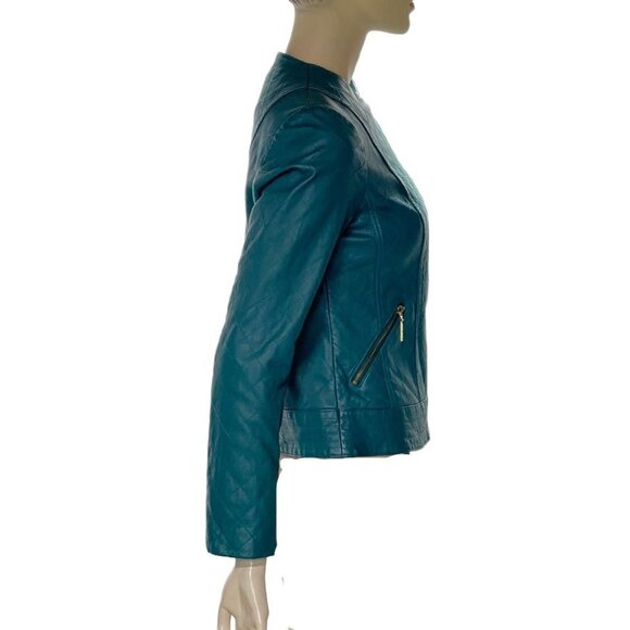Iman Teal Leather Asymmetrical Moto Jacket XS Zipper Pockets Womens Size Small - Picture 7 of 13